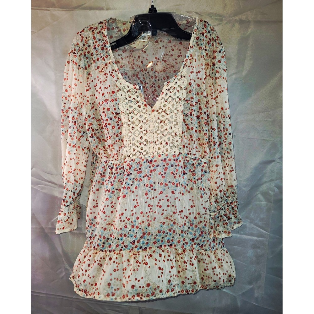 Decree Womens XL Sheer Floral V-Neck Long Sleeve Ivory Crochet Ruffle Blouse
